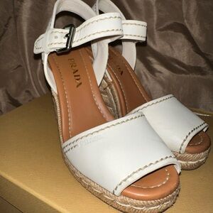 Prada White Leather Espadrille Wedge Sandals with Ankle Strap